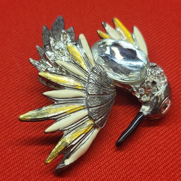 Vintage Hummingbird Crystal Chest Brooch Pin Gold Silver Tone - Picture 10 of 11